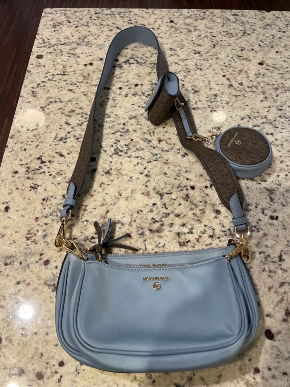 Michael Kors Pale Blue Leather Crossbody with Signature Brown Strap